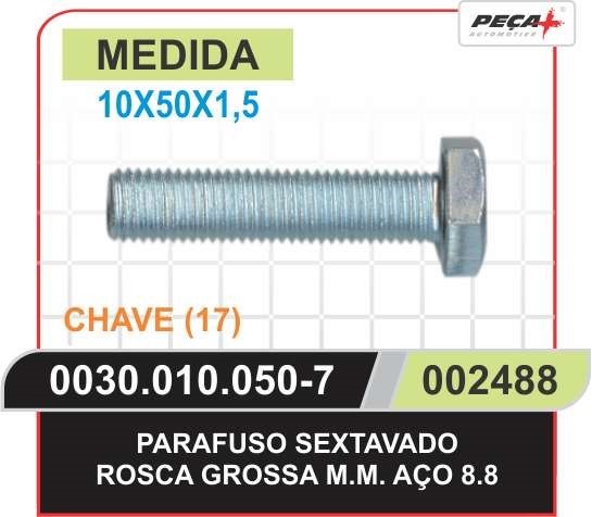 PARAFUSO SEXTAVADO ACO 8.8 10X50X1.5